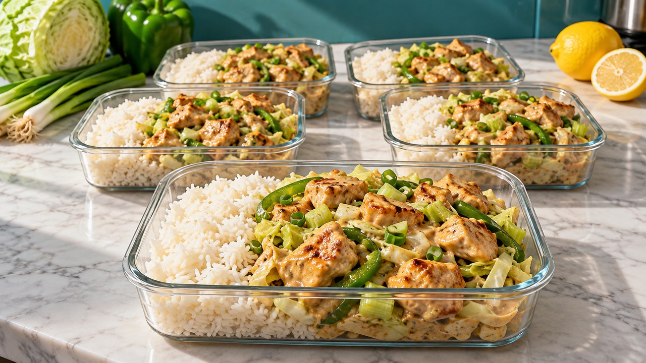 خمس علب طعام تحتوي رزًا أبيض ودجاجًا مكعبات مع ملفوف وفلفل أخضر وبصل أخضر وصوص